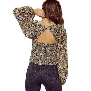 Free People Medium Mabel Balloon Sleeve Ruched Cropped Top Peasant Blouse Floral